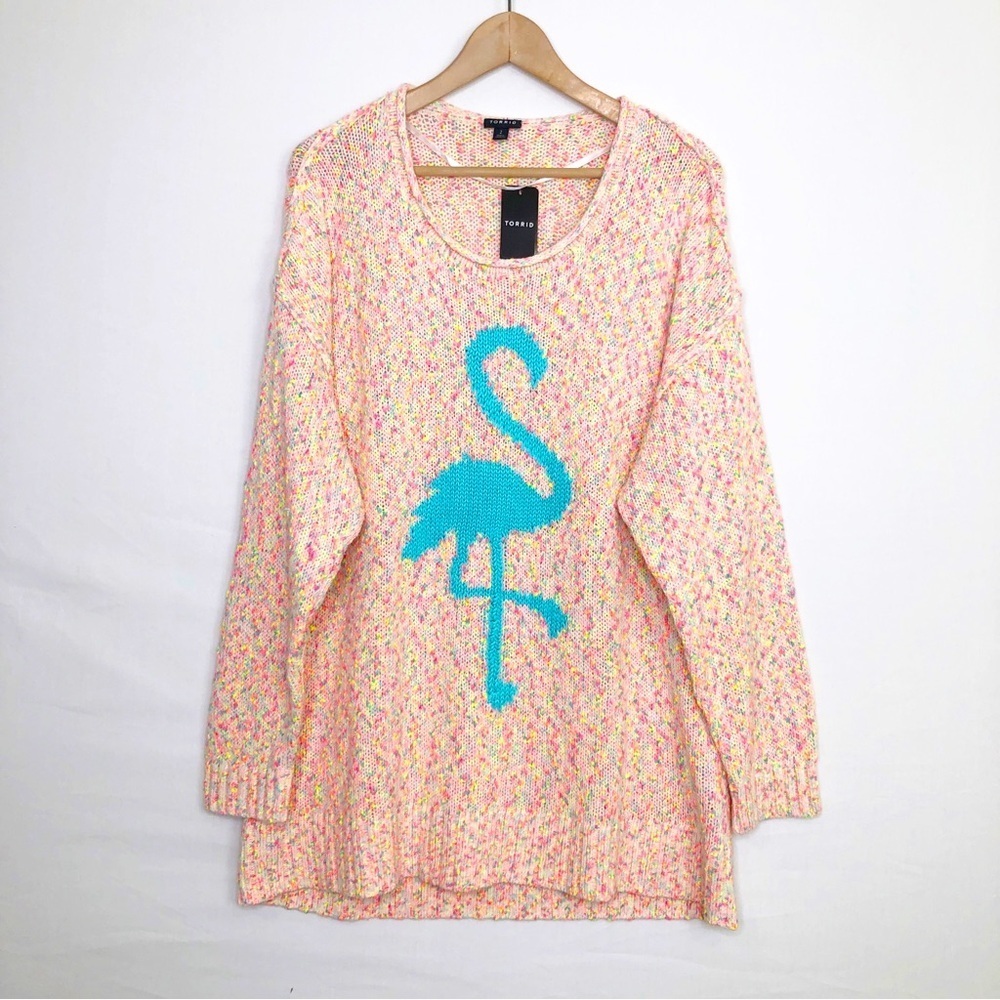 Torrid speckled multicolored flamingo, graphic, print, pull over sweater